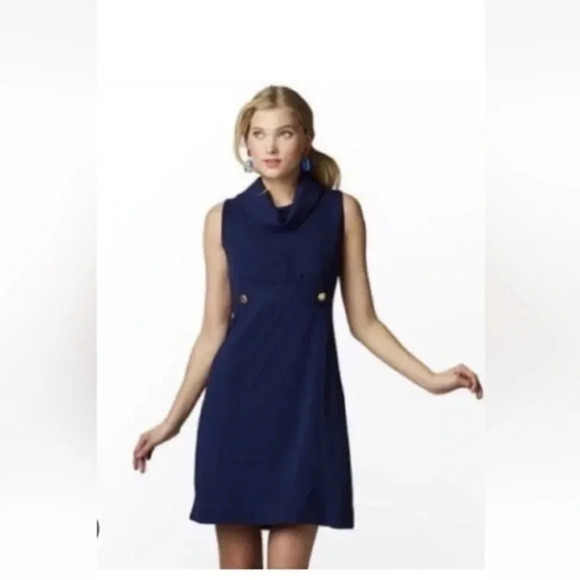 Lilly Pulitzer Finn Shift Ponte Dress Women's Navy Stretch Cowl Neck Logo XS - Picture 1 of 5